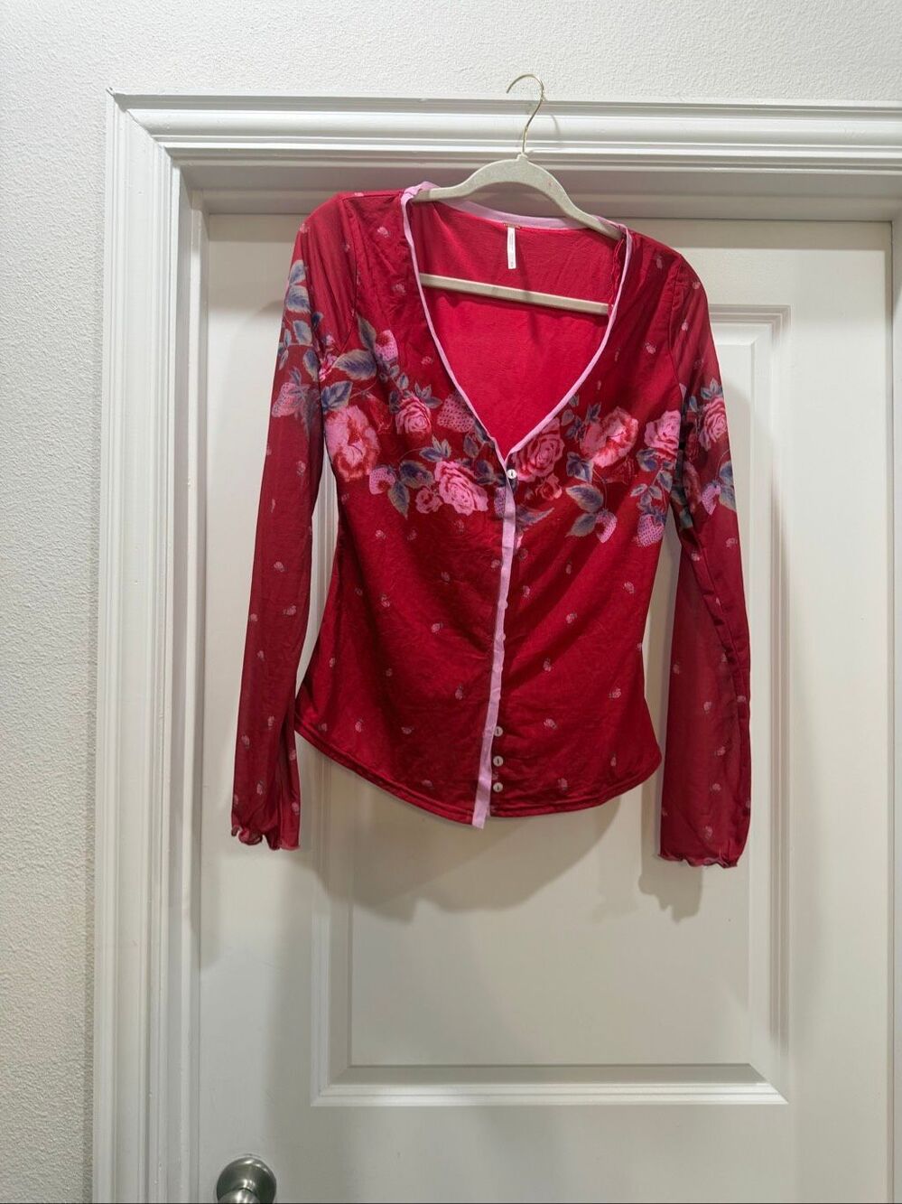 Free People Womens Red Floral V-Neck Long Sleeve Boho Peasant Top Size M